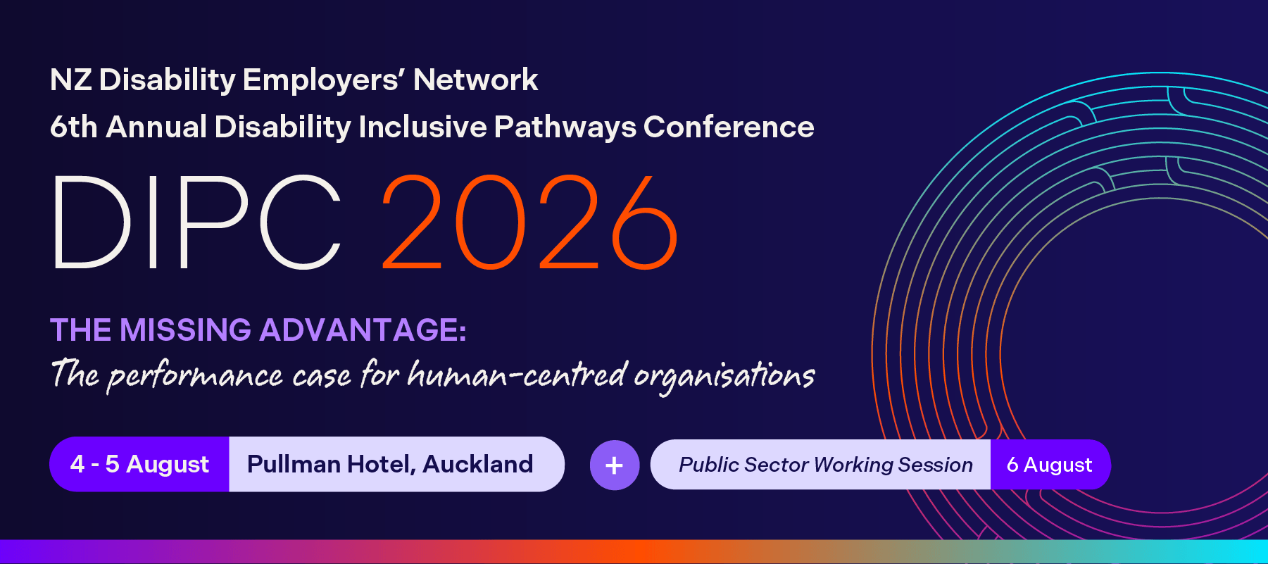 NZ Disability Employers' Network 6th Annual Disability Inclusive Pathways Conference DIPC 2026. 4th to 5th August, Pullman Hotel, Auckland. The missing advantage: The performance case for human centred organisations.